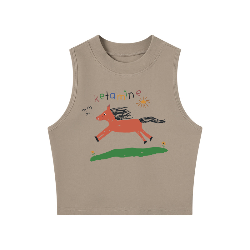 Tokyocanvas Ketamine Horse Funny Crew Neck Crop Top