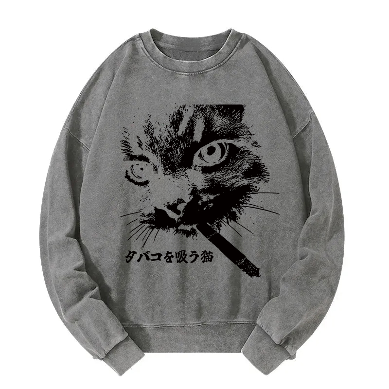 Tokyocanvas Retro Cat Smoking Washed Sweatshirt