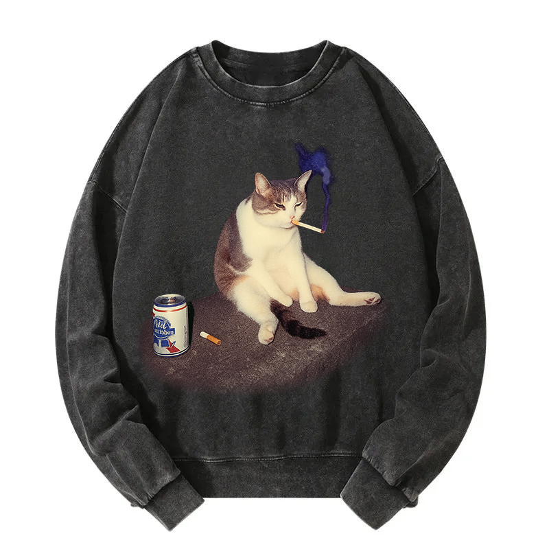 Tokyocanvas Custom Cat Smoking Meme Washed Sweatshirt For Sale