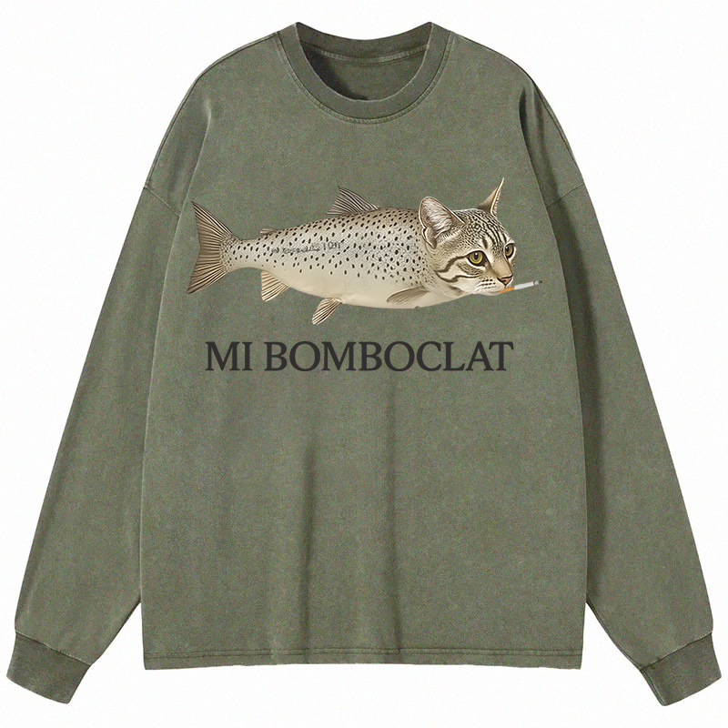 Tokyocanvas Bomboclat Fish Cat Meme Long Sleeve Washed T-Shirt