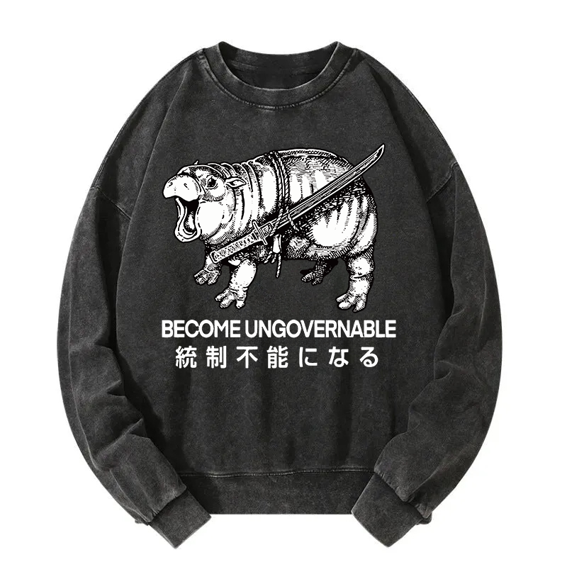 Tokyocanvas Moo Deng Carrying A Samurai Sword Washed Sweatshirt