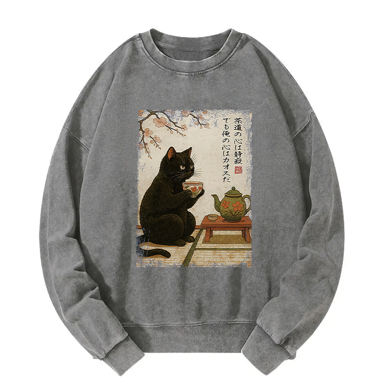 Tokyocanvas Tea Time With A Black Cat Washed Sweatshirt