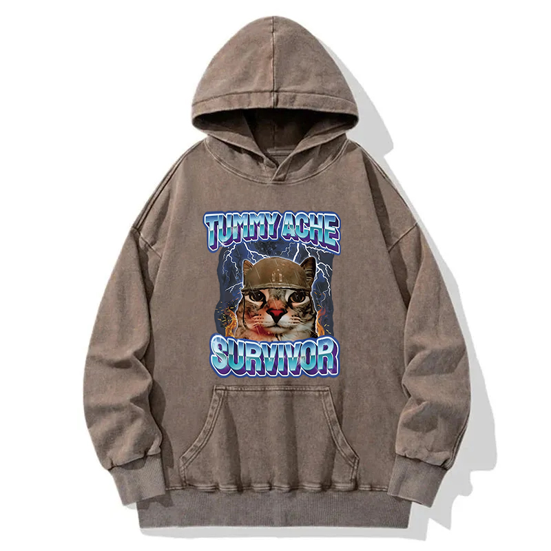 Tokyocanvas Tummy Ache Survivor Cat Meme Washed Hoodie