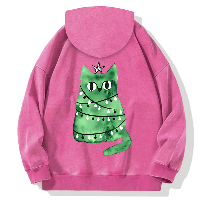 Tokyocanvas Watercolor green Christmas cat Back Washed Hoodie