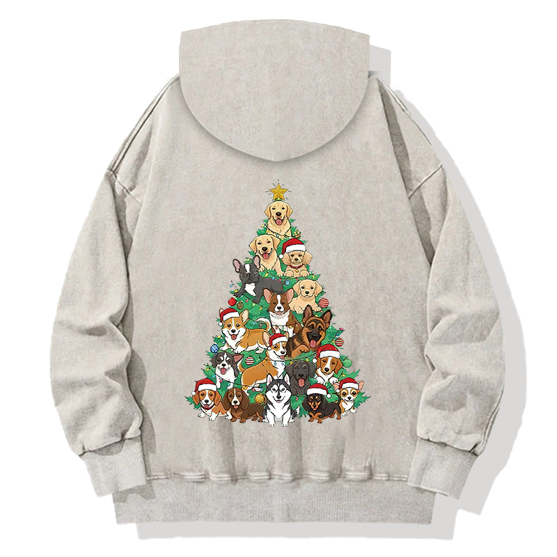 Tokyocanvas Christmas Tree Dog Funny Back Washed Hoodie