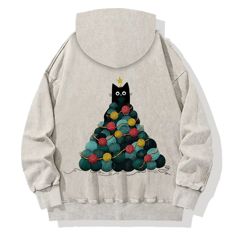 Tokyocanvas Yarn Christmas Tree Cat Back Washed Hoodie