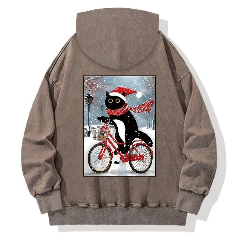 Tokyocanvas Black Cat Riding A Bicycle Back Home Back Washed Hoodie