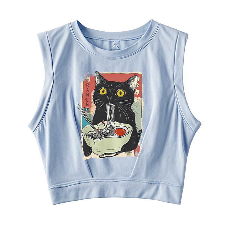 Tokyocanvas Cute Cat Eating Ramen Sleeveless Crop Top