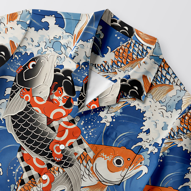 Tokyocanvas Sumo Wrestler Holding A Koi Aloha Hawaiian Shirt