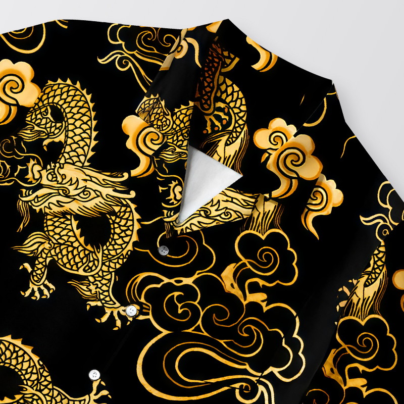 Tokyocanvas Black Gold Oriental Dragon Hawaiian Shirt