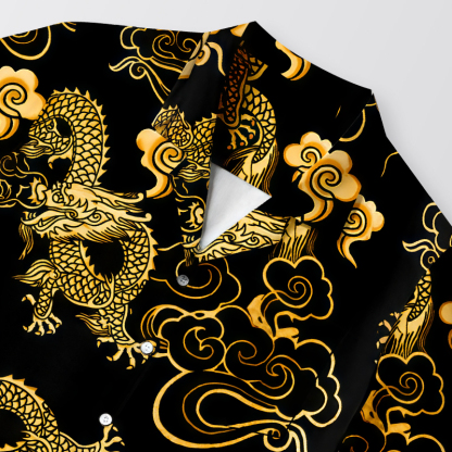 Tokyocanvas Black Gold Oriental Dragon Hawaiian Shirt
