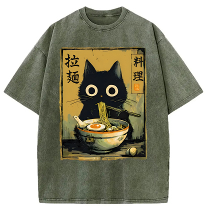 Tokyocanvas Cute Black Cat Eating Ramen Washed T-Shirt