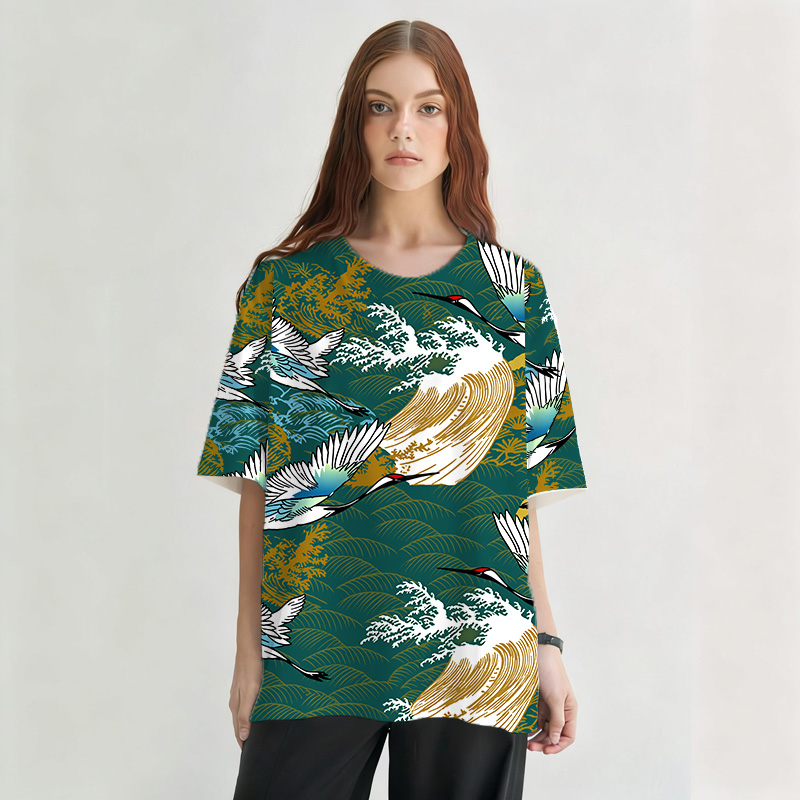 Tokyocanvas Japanese Crane Vintage Graphic Print T-Shirt