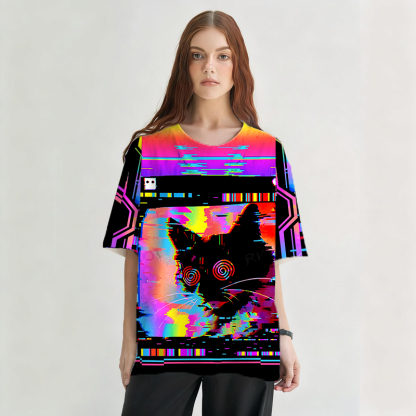 Tokyocanvas Glitchy Cat Vibes Graphic Print T-shirt