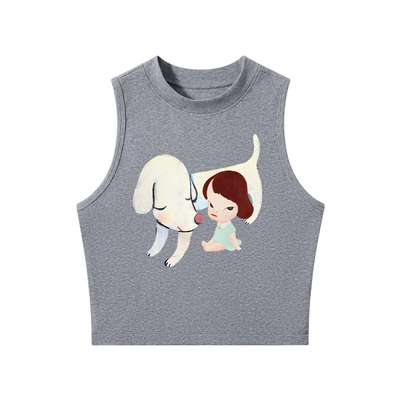 Tokyocanvas Dog & Girl Crew Neck Crop Top