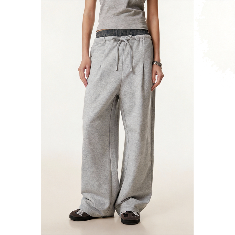 Tokyocanvas Patchwork Double-waistband Wide-leg Sweatpants