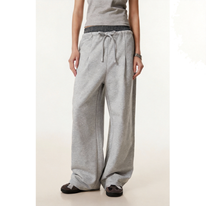 Tokyocanvas Patchwork Double-waistband Wide-leg Sweatpants