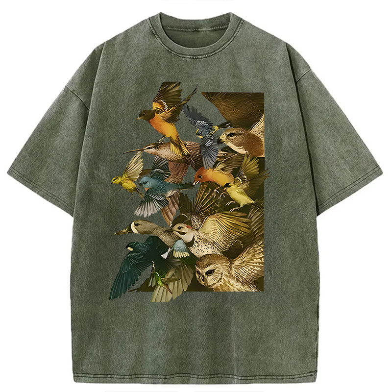 Tokyocanvas Flock Of Flying Birds Washed T-Shirt
