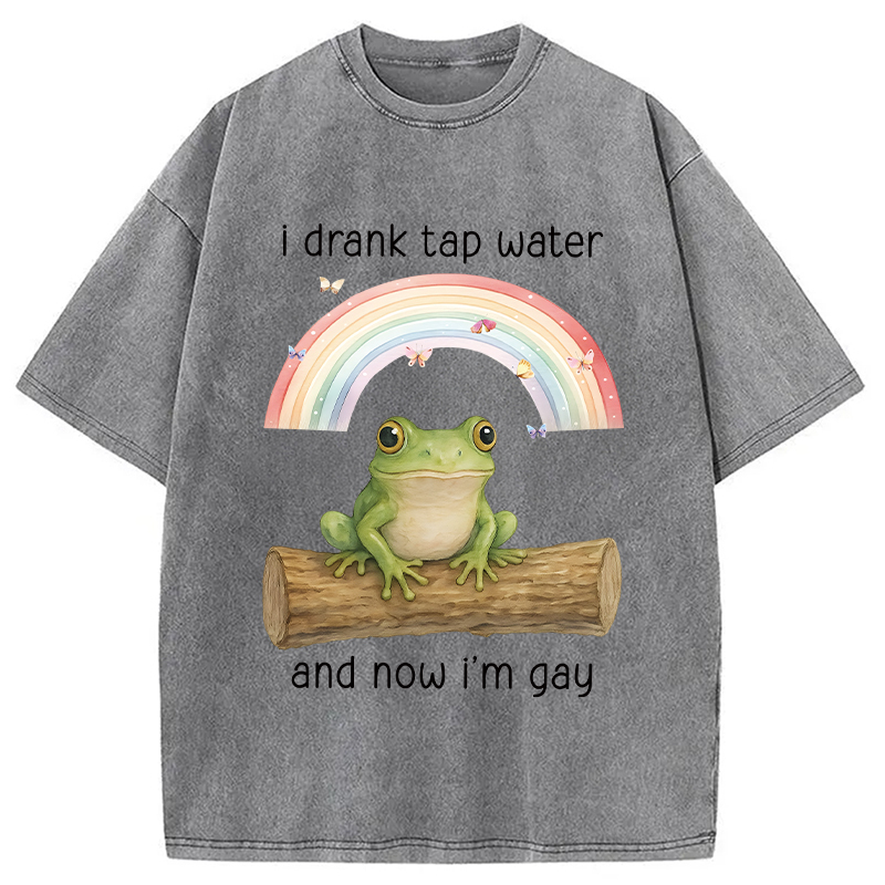 Tokyocanvas I Drank Tap Water Now I'm Gay Funny Frog Washed T-Shirt
