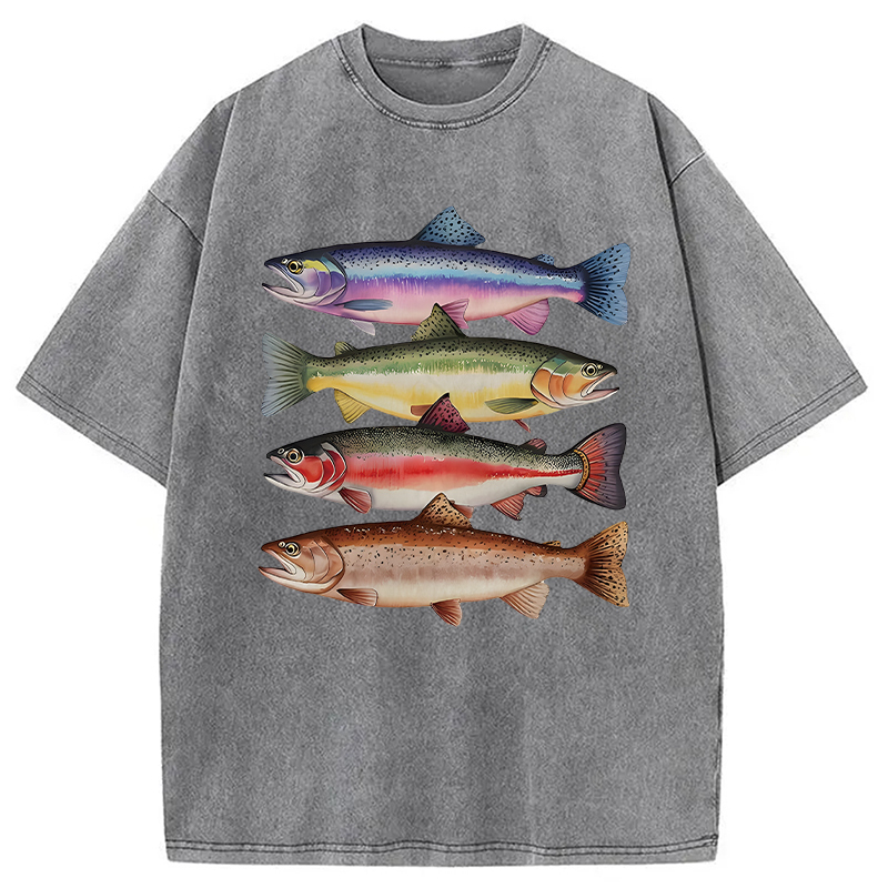 Tokyocanvas Colorful Rainbow Trout Fish Washed T-Shirt