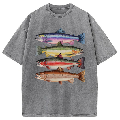 Tokyocanvas Colorful Rainbow Trout Fish Washed T-Shirt