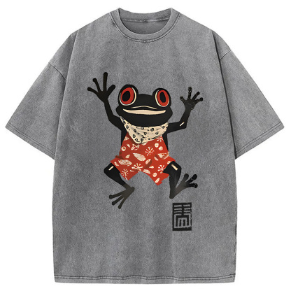 Tokyocanvas Japanese Happy Frog Ukiyoe Washed T-Shirt