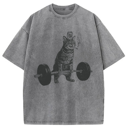 Tokyocanvas Funny Deadlift Cat Washed T-Shirt