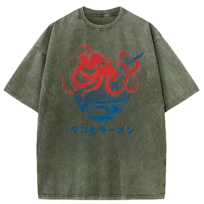 Tokyocanvas Octopus Eating Ramen Washed T-Shirt
