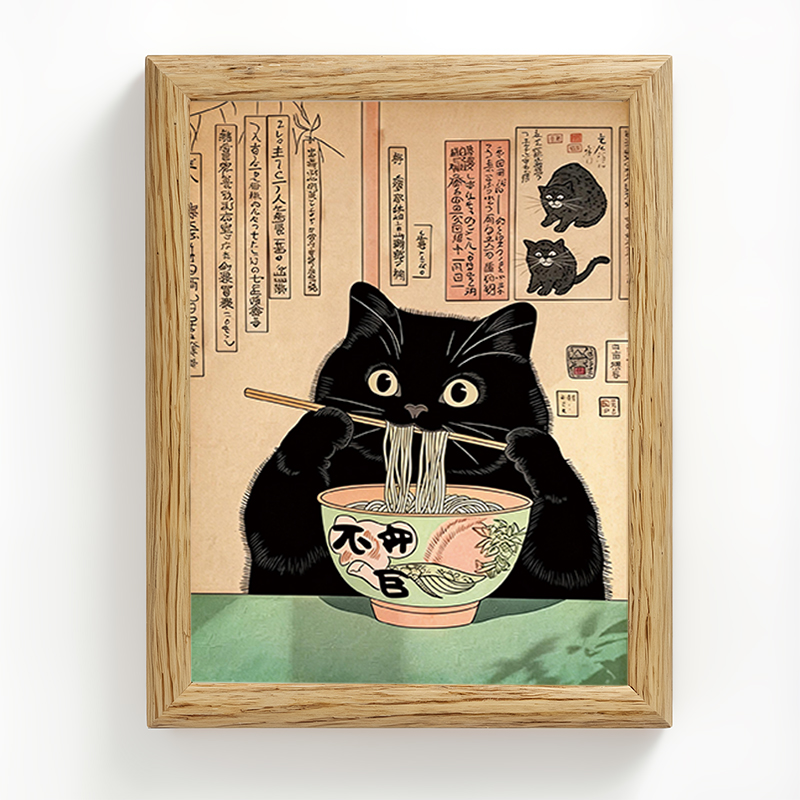 Tokyocanvas Black Cat Eating Noodles Framed Art Print
