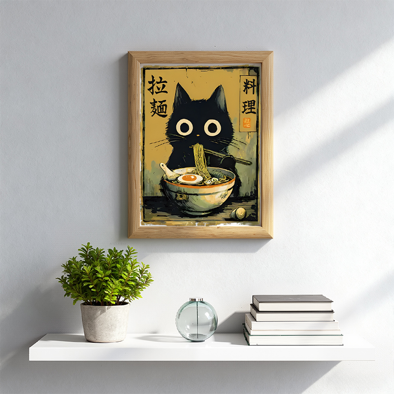 Tokyocanvas Cute Black Cat Eating Ramen Framed Art Print