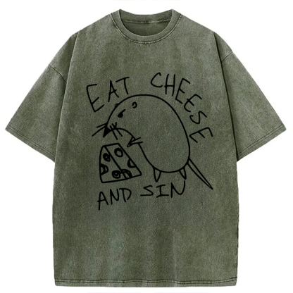 Tokyocanvas Eat Cheese And Sin Meme Washed T-Shirt