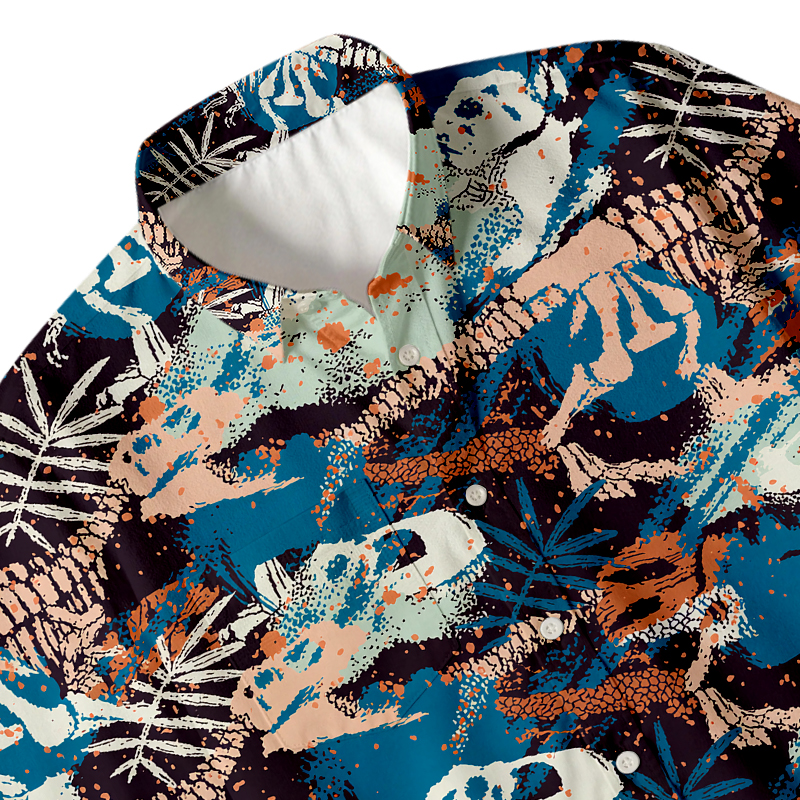 Tokyocanvas Footprints Green Dinosaur Button Up Pocket Shirt