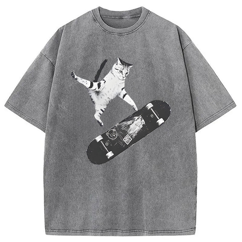 Tokyocanvas Skateboarding Cat Washed T-Shirt