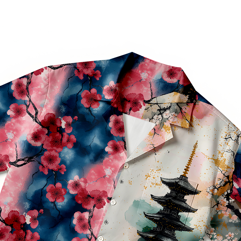 Tokyocanvas Floral Cherry Blossom Pagoda Hawaiian Shirt