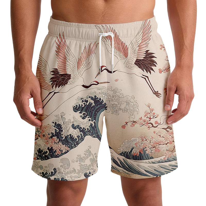 Tokyocanvas Cranes Dancing On The Waves Aloha Swim Short