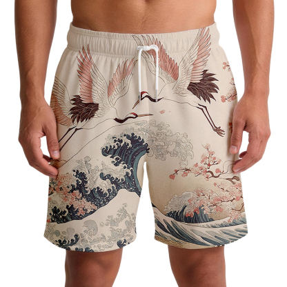 Tokyocanvas Cranes Dancing On The Waves Aloha Swim Short