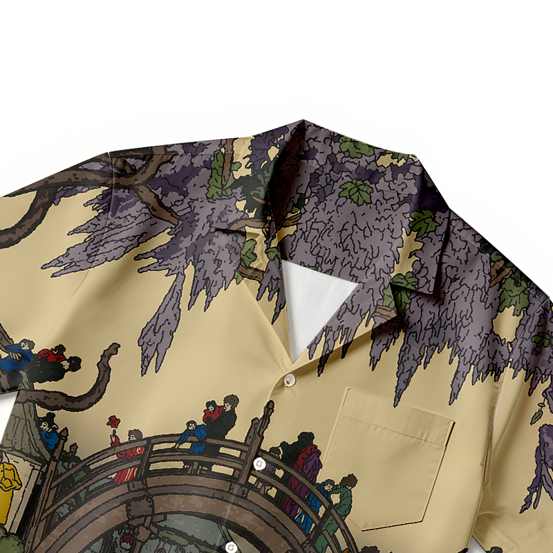 Tokyocanvas Half Moon Bridge And Wisteria Flowers Hawaiian Shirt