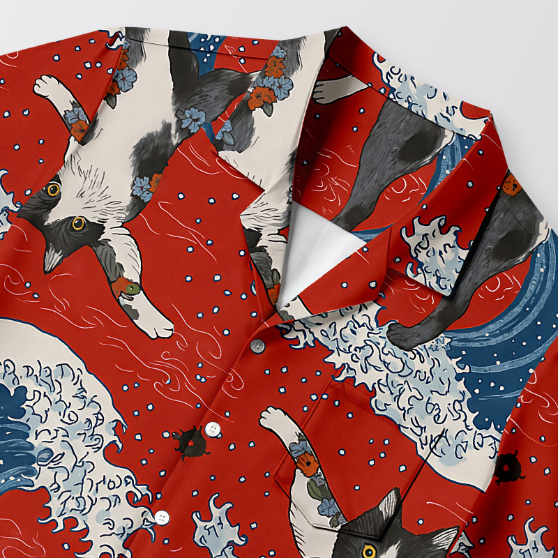 Tokyocanvas Surfing Tattooed Cat Hawaiian Shirt