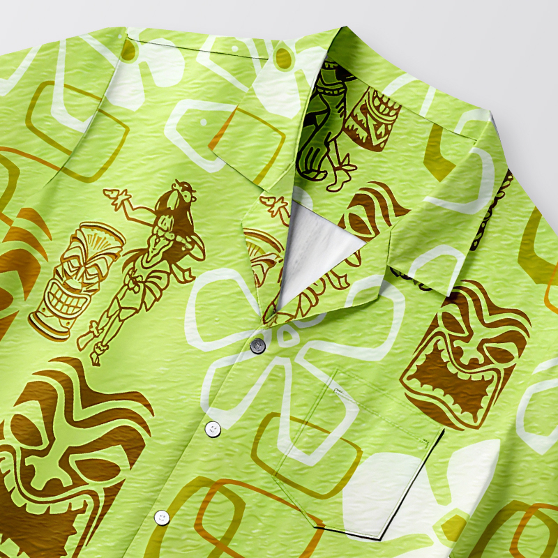 Tokyocanvas Hula Girl & Tiki Seersucker Hawaiian Shirt