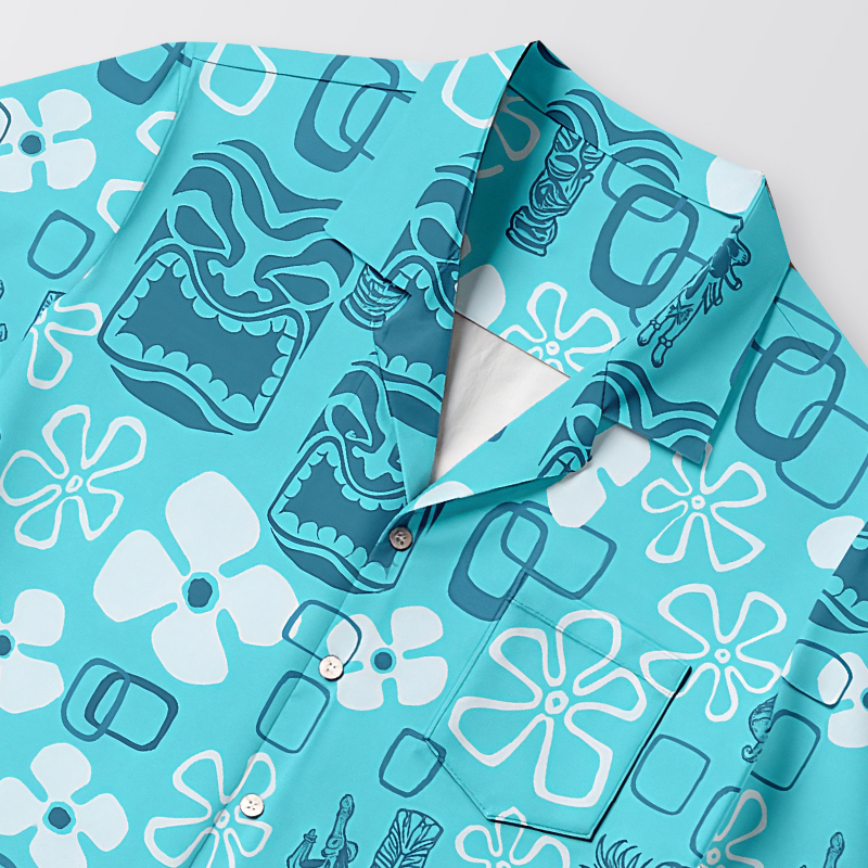 Tokyocanvas Hula Girl & Tiki Seersucker Hawaiian Shirt