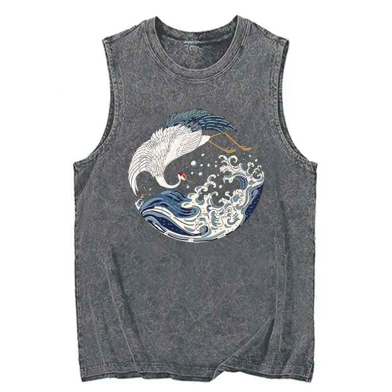 Tokyocanvas Crane Bird Wave Washed Tank