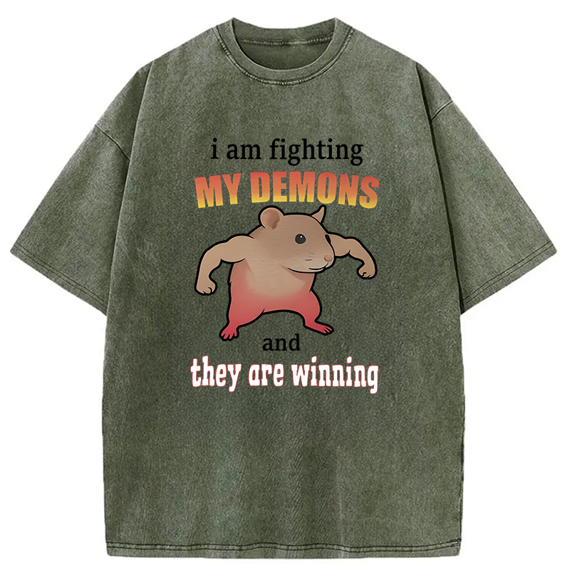 Tokyocanvas I'm Fighting My Demons And They're Winning Funny Rat Washed T-Shirt