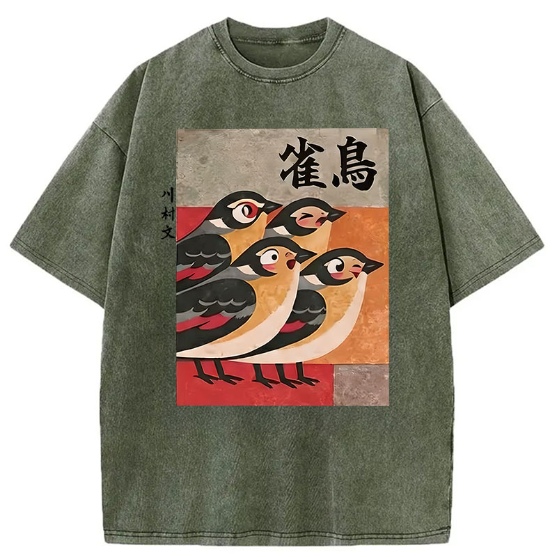 Tokyocanvas Cute Sparrows Washed T-Shirt