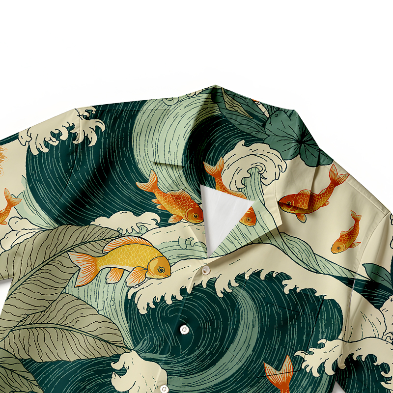 Tokyocanvas Koi Meets Ocean Waves Hawaiian Shirt
