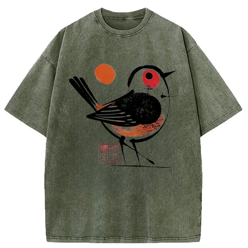 Tokyocanvas Aesthetic Yellow And Black Bird Washed T-Shirt