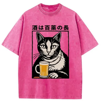 Tokyocanvas Cat And Beer Japanese Washed T-Shirt