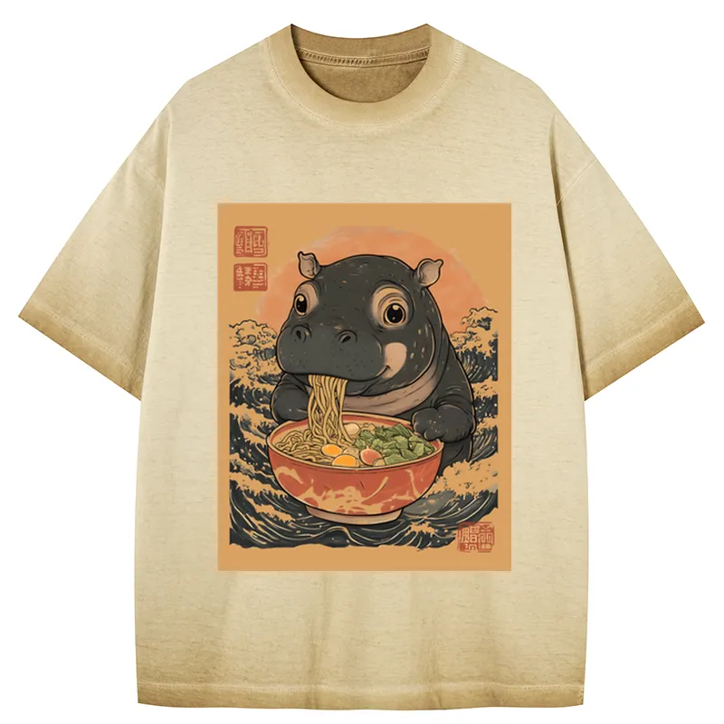 Tokyocanvas Moo Deng Eat Ramen Gradient Washed T-Shirt