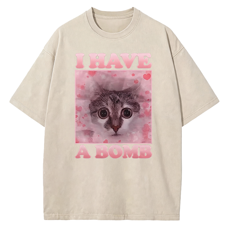 Tokyocanvas I Have a Bomb Funny Cat Dank Meme Washed T-Shirt