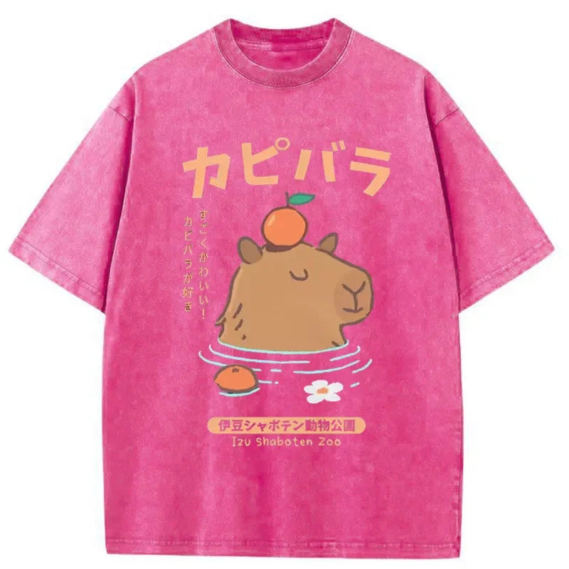 Tokyocanvas Capybara Soaking In Hot Springs Washed T-Shirt