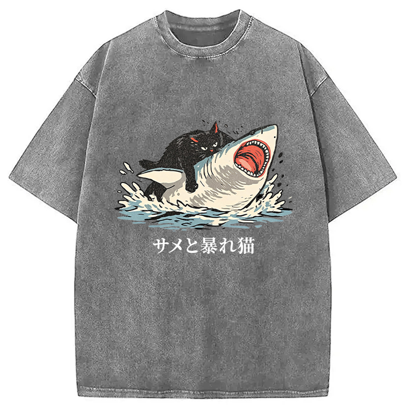 Tokyocanvas Fat Cat Vs Shark Washed T-Shirt